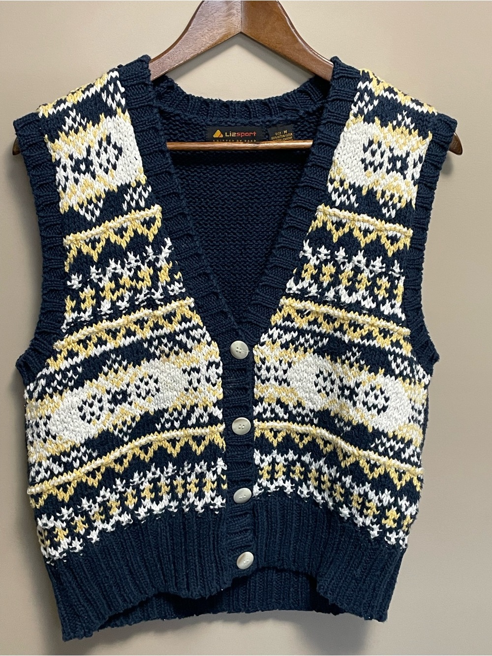 Liz Sport Vintage 90s Cotton Knot Swearer Vest Navy Blue Yellow Women’s Medium